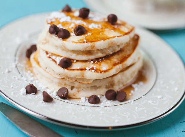 golden top pancakes with chocolate chips
